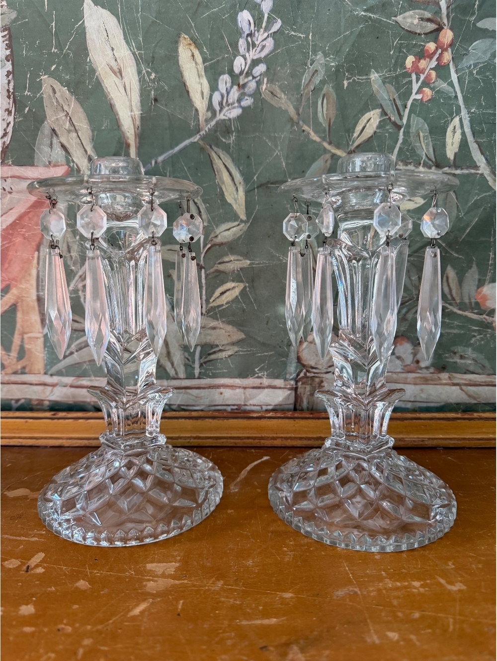 Pair of Vintage Glass Candelabra Candle Holders with Hanging Prisms